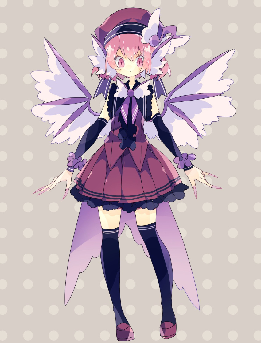 1girl animal_ears arm_warmers bird_ears bird_tail bird_wings black_legwear black_shirt commentary fingernails frilled_skirt frills full_body hair_ornament highres looking_at_viewer musical_note_hair_ornament mystia_lorelei neck_ribbon nikorashi-ka one-hour_drawing_challenge pink_hair pink_nails purple_footwear purple_headwear purple_ribbon purple_skirt ribbon sharp_fingernails shirt shoes short_hair skirt sleeveless sleeveless_shirt solo tail thigh-highs touhou wing_hair_ornament wings wristband