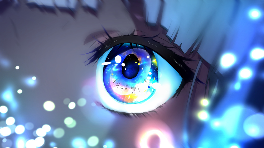 1girl and_uge aqua_hair bangs blanksensei blue_eyes blunt_bangs close-up english_commentary eyelashes face highres out_of_frame solo sparkle v_ap_art
