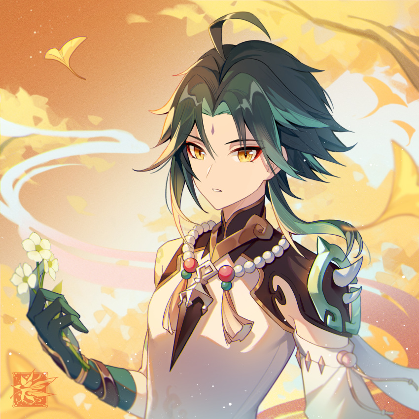 1boy ahoge armor autumnlll bare_shoulders bead_necklace beads dark_green_hair detached_sleeves diamond-shaped_pupils diamond_(shape) eyeshadow facial_mark flower genshin_impact gloves green_gloves green_hair highres holding holding_flower jewelry light_green_hair light_particles looking_at_viewer makeup male_focus necklace parted_lips pauldrons petals red_eyeshadow shoulder_armor shoulder_tattoo single_bare_shoulder single_pauldron solo symbol-shaped_pupils tattoo tree upper_body white_flower wind xiao_(genshin_impact) yellow_eyes