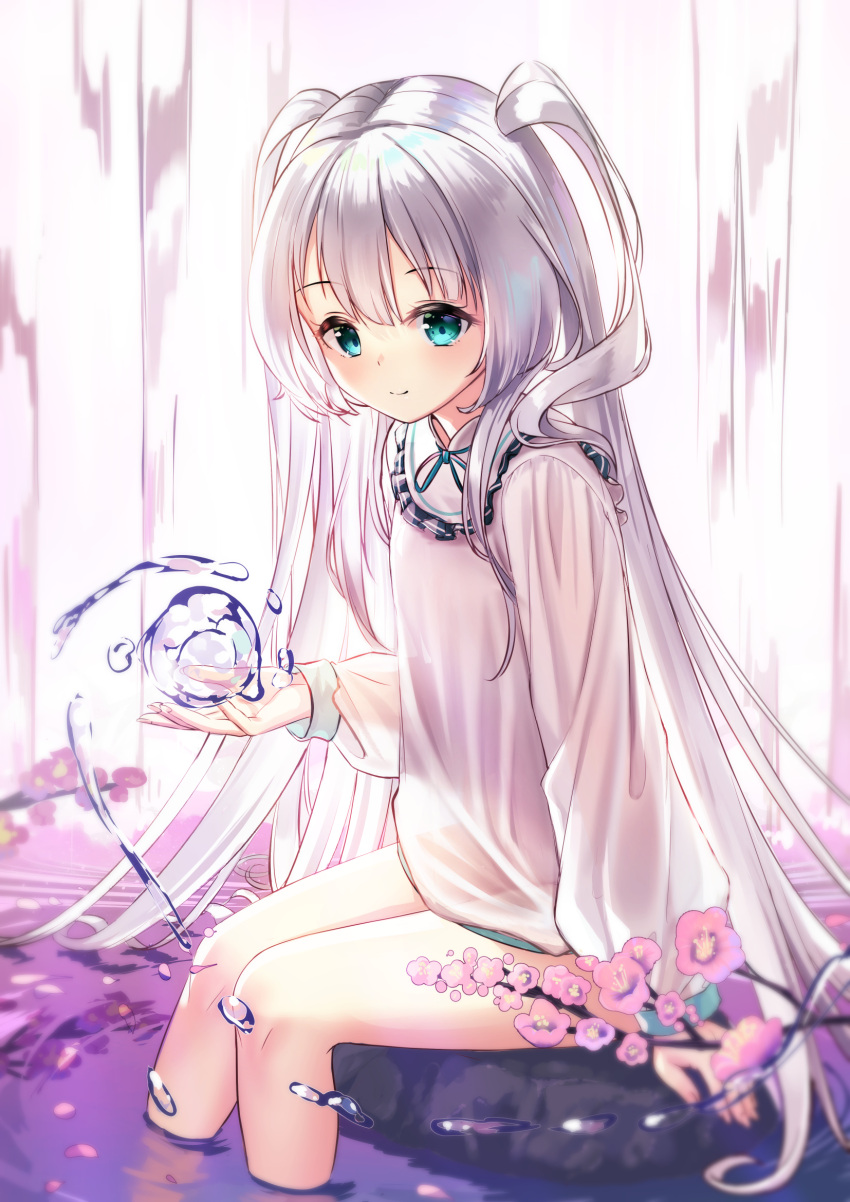 1girl aqua_eyes arm_support bangs closed_mouth commentary_request dress eyebrows_visible_through_hair flower grey_hair hair_between_eyes highres hydrokinesis long_hair long_sleeves original puffy_long_sleeves puffy_sleeves purple_flower sitting sleeves_past_wrists smile solo two_side_up very_long_hair water waterfall white_dress yan_(nicknikg)