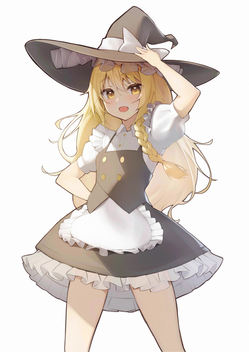 1girl :d absurdres apron bangs black_dress blonde_hair braid dress frilled_apron frilled_dress frills hat highres kirisame_marisa long_hair looking_at_viewer open_mouth pinafore_dress risa_(pixiv23908854) shirt short_sleeves simple_background smile solo touhou white_background white_shirt witch witch_hat yellow_eyes
