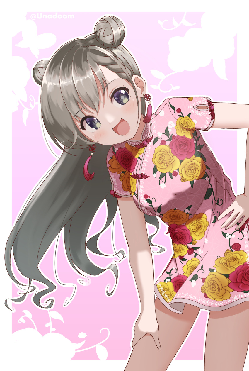 1girl :d absurdres bangs blue_eyes braid braided_bangs breasts commentary_request double_bun dress earrings eyebrows_visible_through_hair floral_print grey_hair hand_on_hip highres hisakawa_hayate idolmaster idolmaster_cinderella_girls jewelry leaning_to_the_side long_hair medium_breasts pink_background pink_dress print_dress short_sleeves smile solo twitter_username two-tone_background unadon_(unadoom) very_long_hair white_background