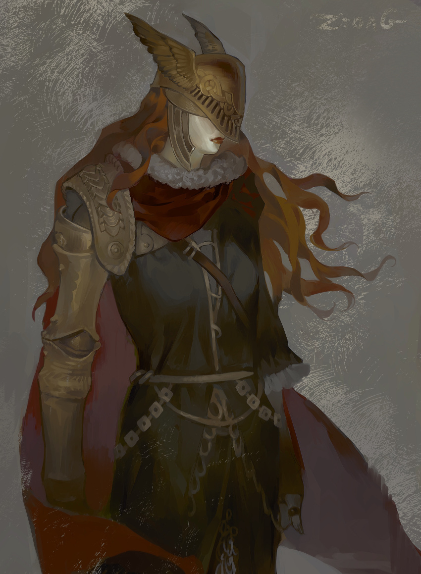 1girl absurdres armor artist_request cape closed_mouth covered_eyes dress elden_ring helmet highres long_hair malenia_blade_of_miquella mechanical_arms prosthesis prosthetic_arm prosthetic_leg red_cape redhead simple_background single_mechanical_arm solo very_long_hair winged_helmet