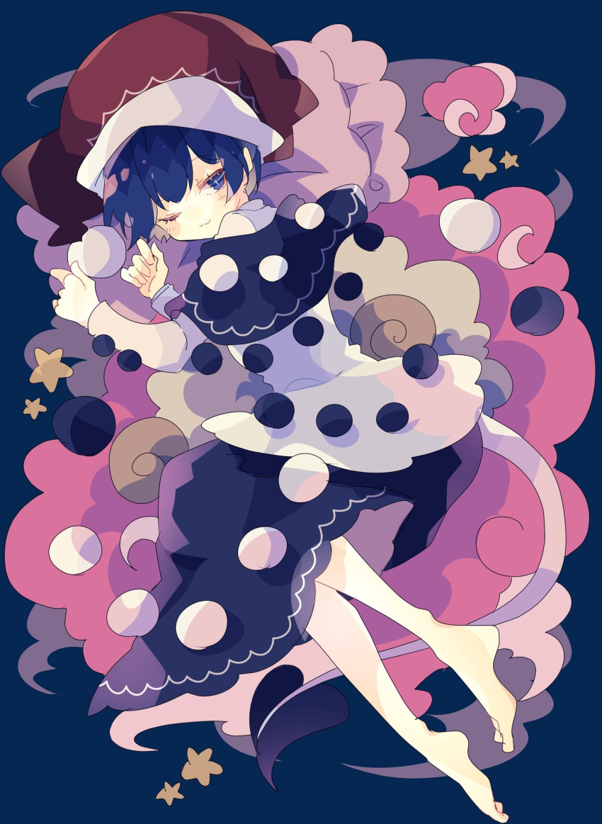 1girl ;3 barefoot black_dress blue_eyes blush commentary doremy_sweet dress hat highres horns layered_dress long_sleeves looking_at_viewer lying multicolored_clothes multicolored_dress nightcap nikorashi-ka on_side one-hour_drawing_challenge one_eye_closed pom_pom_(clothes) sheep sheep_horns short_hair sideways_glance solo star_(symbol) tail touhou white_dress