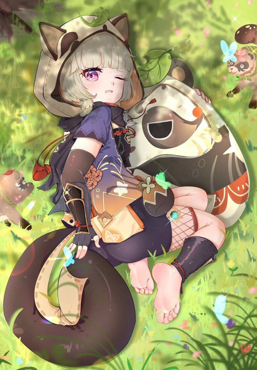 1girl absurdres all_fours animal_ears animal_hood ass bangs barefoot bike_shorts black_gloves black_scarf black_shorts blunt_bangs blush elbow_gloves fake_animal_ears fake_tail feet fingerless_gloves from_above from_behind genshin_impact gloves grey_hair hana_(zwjx8425) highres hood japanese_clothes kimono leaf leaf_on_head legs looking_at_viewer looking_back looking_up low_twintails object_hug one_eye_closed open_mouth outdoors pink_eyes purple_kimono raccoon_ears raccoon_tail sayu_(genshin_impact) scarf short_hair short_kimono short_shorts short_sleeves short_twintails shorts soles solo tail thighs toes twintails