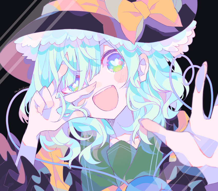 1girl :d absurdres black_headwear blouse blush bow collarbone commentary eyebrows_behind_hair fingernails frilled_shirt_collar frilled_sleeves frills green_eyes green_hair hair_over_one_eye hands_up hat hat_bow head_tilt heart heart-shaped_pupils heart_of_string highres komeiji_koishi long_sleeves looking_at_viewer medium_hair open_mouth portrait shirt smile solo symbol-shaped_pupils teeth third_eye touhou umemaro_(siona0908) upper_teeth w w_over_eye yellow_bow yellow_shirt