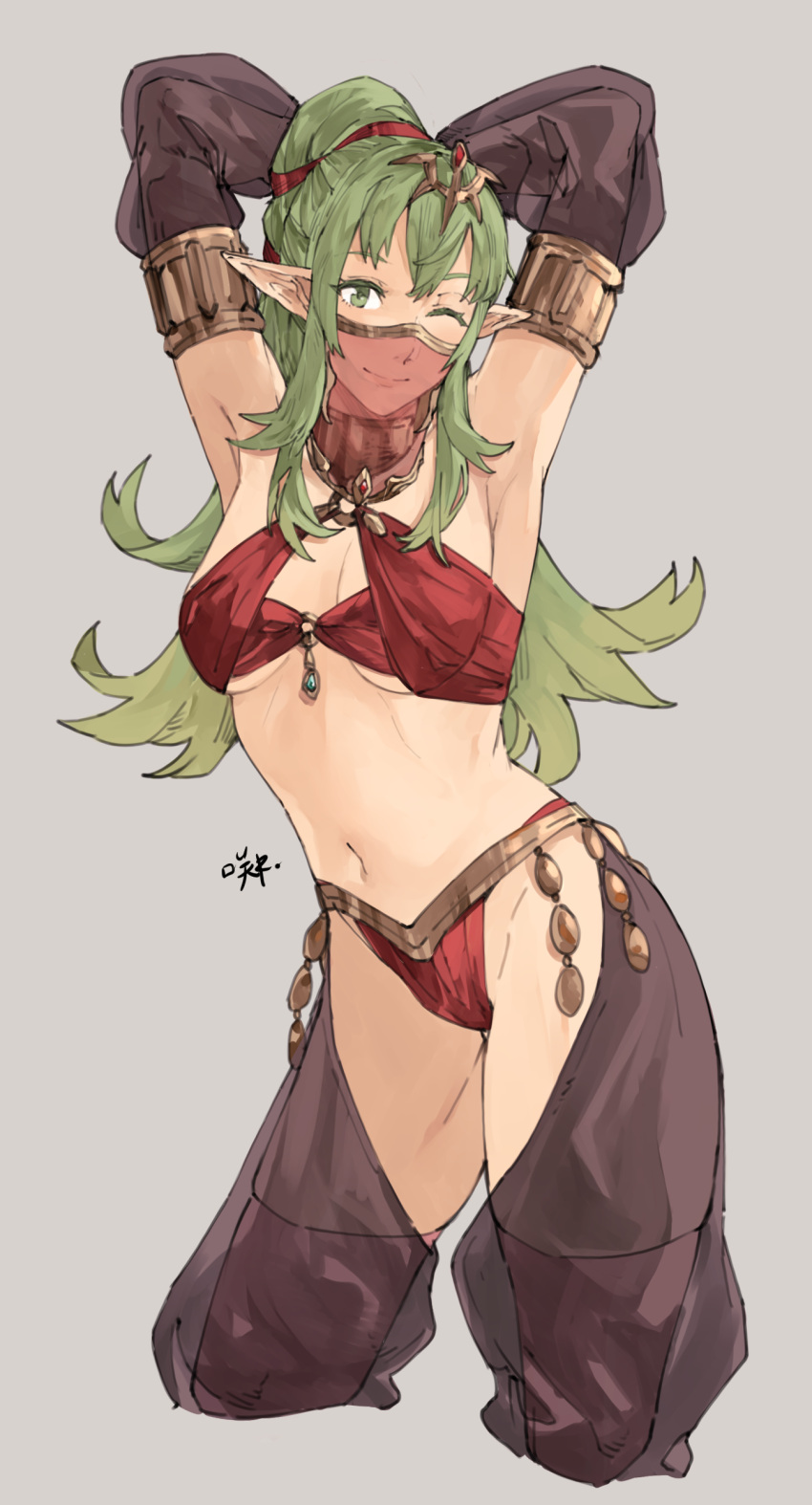 1girl ;) absurdres alternate_costume armpits arms_up bangs bare_shoulders breasts commentary_request cosplay cropped_legs dancer detached_sleeves fire_emblem fire_emblem_awakening fire_emblem_heroes green_eyes green_hair grey_background groin harem_pants headpiece highres long_hair looking_at_viewer medium_breasts midriff mouth_veil navel olivia_(fire_emblem) olivia_(fire_emblem)_(cosplay) one_eye_closed pants pointy_ears ponytail sakuremi see-through see-through_sleeves sidelocks simple_background smile solo standing stomach thighs tiki_(fire_emblem) veil