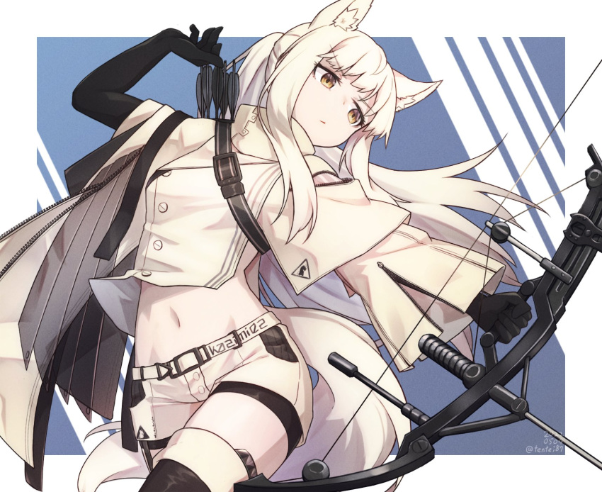 animal_ears arknights arm_up arrow_(projectile) belt belt_buckle black_footwear black_gloves blue_background boots border bow_(weapon) buckle closed_mouth clothes_writing dated elbow_gloves eyebrows_visible_through_hair gloves highres holding holding_bow_(weapon) holding_weapon horse_ears horse_girl horse_tail long_hair long_sleeves midriff navel outside_border platinum_(arknights) revealing_clothes ryota_tentei short_shorts shorts tail thigh-highs thigh_boots twitter_username two-tone_background v-shaped_eyebrows weapon white_background white_border white_hair white_shorts wide_sleeves yellow_eyes
