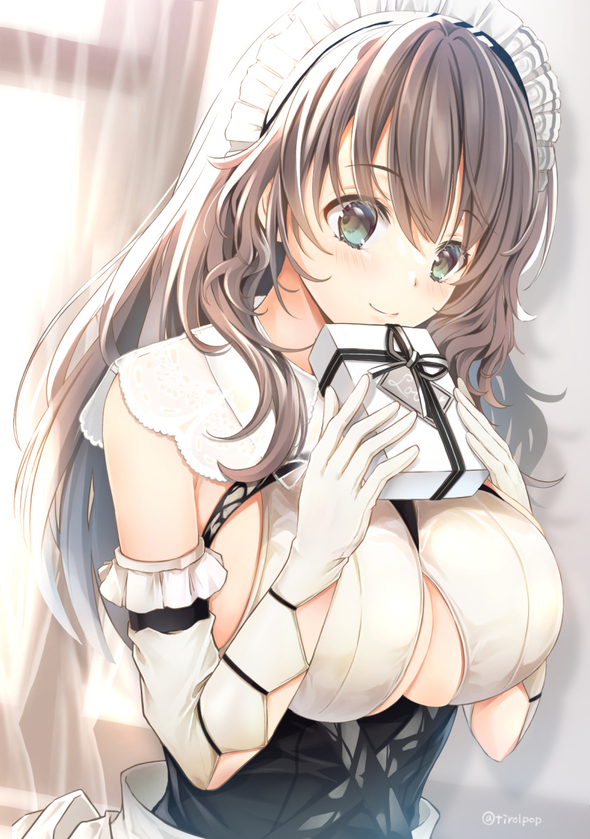 1girl azur_lane box breasts charybdis_(azur_lane) clothing_cutout curtains day dress gift gift_box gloves grey_eyes grey_hair highres holding holding_gift indoors large_breasts long_hair looking_at_viewer maya_(tirolpop) under_boob underboob_cutout upper_body valentine white_dress white_gloves