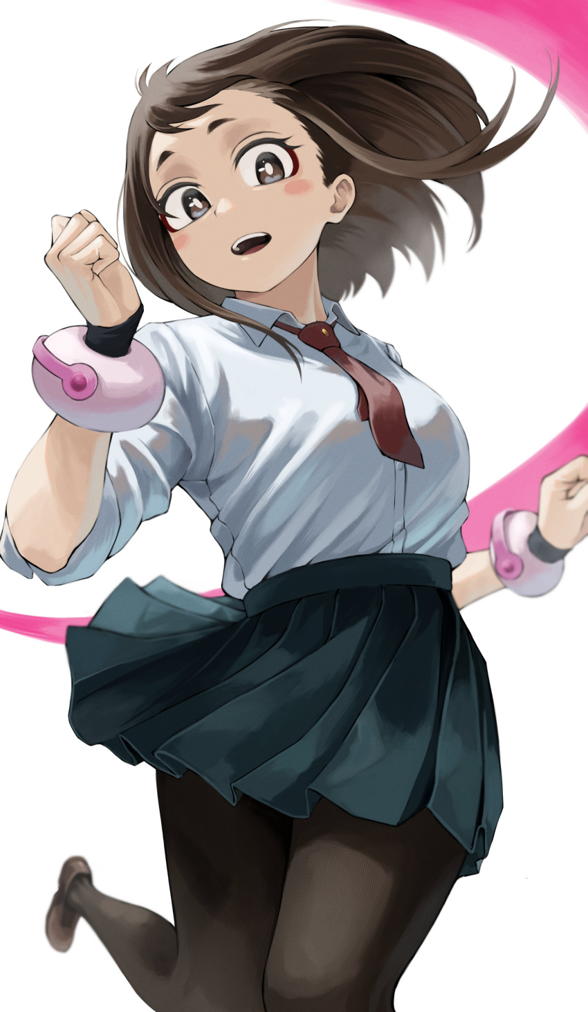 1girl absurdres armband blush boku_no_hero_academia brown_eyes brown_hair fengling_(furin-jp) highres jumping looking_at_viewer necktie open_mouth pantyhose school_uniform simple_background skirt sleeves_folded_up solo solo_focus uraraka_ochako white_background wind