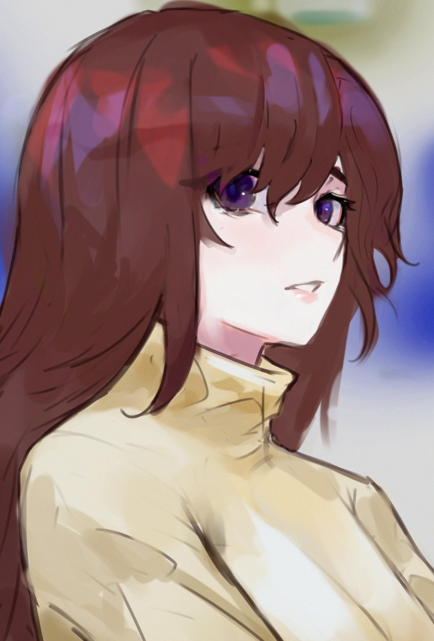1girl brown_hair copyright_request from_side highres long_hair looking_at_viewer parted_lips solo sweater turtleneck turtleneck_sweater upper_body vergil_mon violet_eyes yellow_sweater