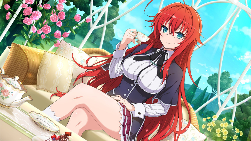 1girl absurdres ahoge bangs black_capelet black_ribbon blue_eyes breasts capelet closed_mouth collared_shirt crossed_legs cup day dutch_angle flower hair_between_eyes hair_intakes hand_on_lap high_school_dxd highres holding holding_cup kneehighs large_breasts layered_skirt long_hair looking_at_viewer miniskirt neck_ribbon outdoors pleated_skirt red_flower red_rose red_skirt redhead rias_gremory ribbon rose senran_kagura senran_kagura_new_link shiny shiny_hair shiny_skin shirt sitting skirt smile solo sparkle teacup underbust very_long_hair white_legwear white_shirt wing_collar yellow_flower