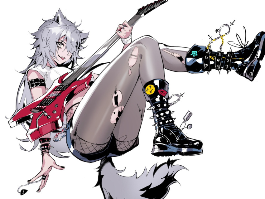 1girl alternate_costume animal_ears arknights arm_strap ass bandaged_arm bandages black_footwear black_nails blue_shorts boots bracelet breasts crop_top electric_guitar fishnets grey_eyes grey_hair grey_legwear guitar hair_over_one_eye holding holding_instrument instrument jewelry knee_boots lappland_(arknights) legwear_under_shorts long_hair medium_breasts minilang nail_polish pantyhose parted_lips plectrum ring scar scar_across_eye scar_on_face sharp_teeth short_shorts short_sleeves shorts simple_background solo spiked_boots spiked_bracelet spikes tail teeth thighs tongue tongue_out torn_clothes torn_legwear upper_teeth very_long_hair white_background wolf_ears wolf_girl wolf_tail