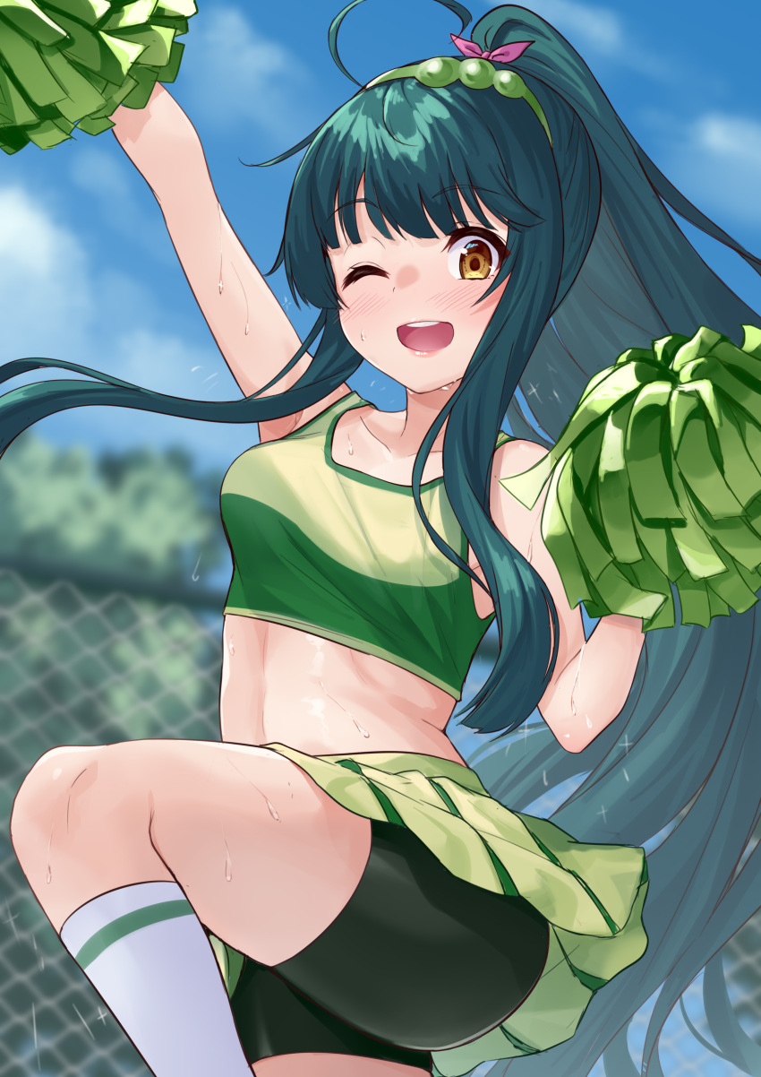 1girl ;d absurdres arm_up bangs bare_arms bare_shoulders black_shorts blue_sky blurry blurry_background blush chain-link_fence cheerleader clouds commentary_request crop_top day eyebrows_visible_through_hair fence green_hair green_shirt green_skirt hand_up highres holding holding_pom_poms kneehighs long_hair looking_at_viewer midriff miniskirt one_eye_closed open_mouth outdoors pom_pom_(cheerleading) ponytail shirt shorts shorts_under_skirt skirt sky sleeveless sleeveless_shirt smile solo standing standing_on_one_leg stomach tenneko_yuuri thighs touhoku_zunko very_long_hair voiceroid white_legwear yellow_eyes