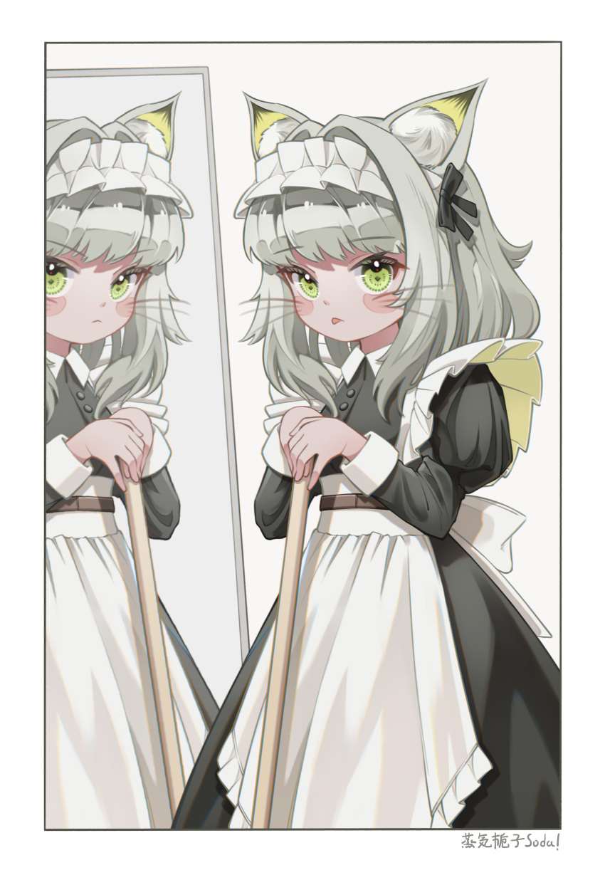 1girl :p absurdres animal_ear_fluff animal_ears apron arknights artist_name bangs black_dress blush_stickers border broom cat_ears closed_mouth different_reflection dress eyebrows_visible_through_hair frilled_apron frills grey_background grey_hair highres holding holding_broom juliet_sleeves kal'tsit_(arknights) long_hair long_sleeves looking_at_viewer maid maid_headdress mirror own_hands_together puffy_sleeves reflection simple_background tongue tongue_out whisk white_apron white_border zhengqi_zhizi_sg