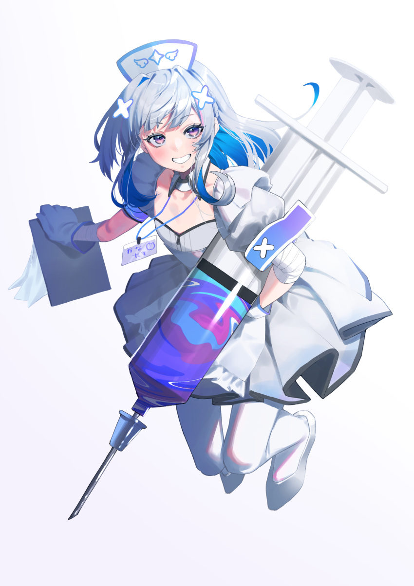 1girl absurdres amane_kanata bandaged_arm bandages bangs blue_hair blush clipboard colored_inner_hair dress eyebrows_visible_through_hair full_body gloves grey_footwear grey_hair grin hair_ornament hat highres holding holding_clipboard holding_syringe hololive large_syringe long_hair looking_at_viewer mikan_(chipstar182) multicolored_hair nurse_cap oversized_object pantyhose puffy_short_sleeves puffy_sleeves shoes short_sleeves simple_background smile solo syringe virtual_youtuber white_background white_dress white_gloves white_legwear x_hair_ornament