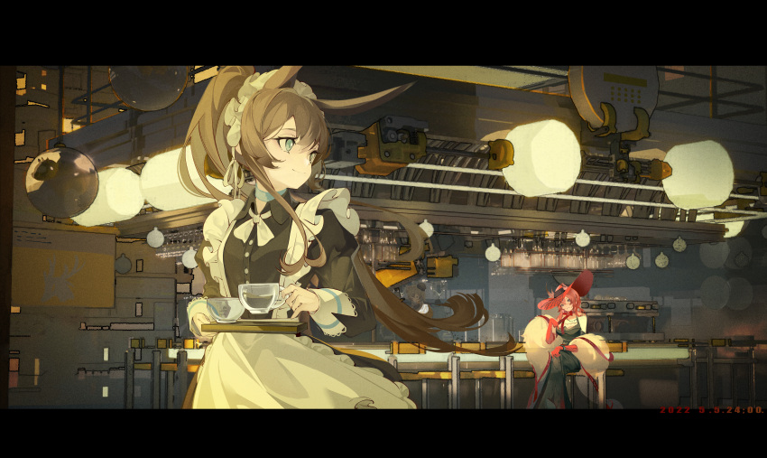 3girls absurdres alternate_costume amiya_(arknights) animal_ears apron arknights bar black_dress blue_eyes brown_hair bun_cover cat_ears closed_mouth cowboy_shot cup dated dress ears_through_headwear elbow_gloves enmaided frilled_apron frills fur_shawl gloves heidi_(arknights) highres holding holding_cup holding_tray indoors letterboxed long_hair long_sleeves looking_back maid maid_headdress mulberry_(arknights) mulberry_(plant_crude_drug)_(arknights) multiple_girls n6058 neck_ribbon official_alternate_costume ponytail rabbit_ears red_gloves red_headwear redhead ribbon shawl sitting sleeveless sleeveless_dress smile tray very_long_hair white_apron white_ribbon