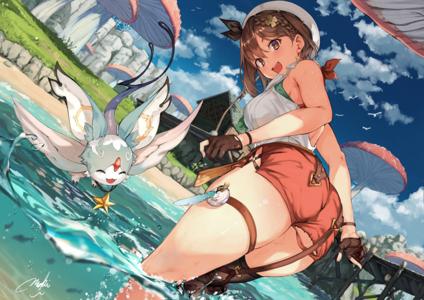 1girl :d ass atelier_(series) atelier_ryza bare_shoulders beach black_legwear blue_sky braid breasts brown_eyes brown_gloves brown_hair building character_request creature day feathers flying garter_straps gloves hat highres large_breasts leaning_forward looking_back maki_(maki_pei) mushroom open_mouth outdoors partially_fingerless_gloves red_shorts reisalin_stout shirt short_hair short_shorts shorts signature single_thighhigh sky sleeveless sleeveless_shirt smile star_(symbol) thigh-highs thigh_strap wading water white_headwear white_shirt wristband
