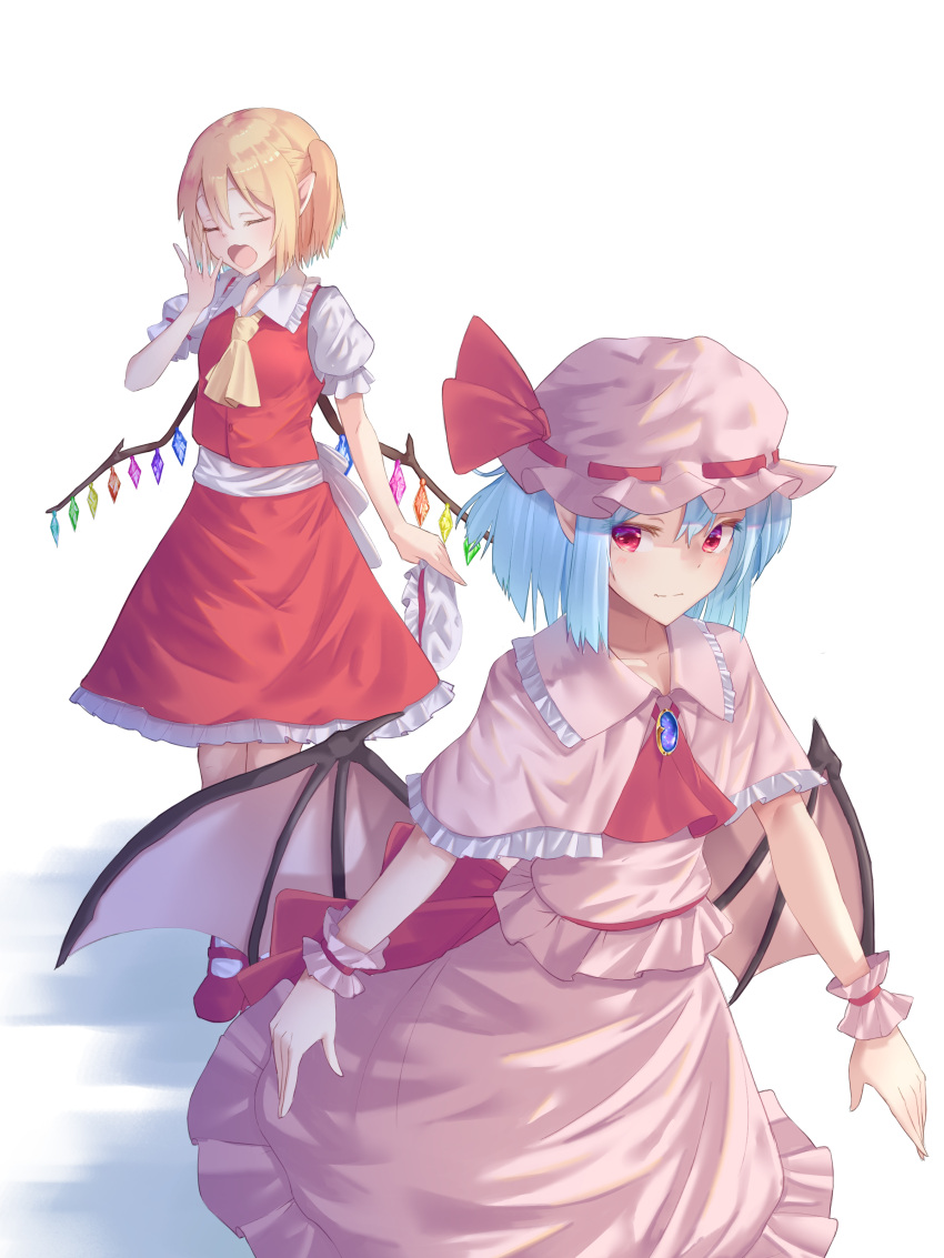 2girls absurdres arm_up ascot bangs bat_wings blonde_hair blue_gemstone blush brooch capelet closed_mouth commentary_request crystal doitsuudon dress flandre_scarlet frilled_capelet frills gem hat highres jewelry light_blue_hair looking_at_viewer mary_janes mob_cap multiple_girls one_side_up pink_capelet pink_dress puffy_short_sleeves puffy_sleeves red_ascot red_eyes red_footwear remilia_scarlet shoes short_hair short_sleeves siblings sisters smile touhou walking white_background wings wrist_cuffs yawning