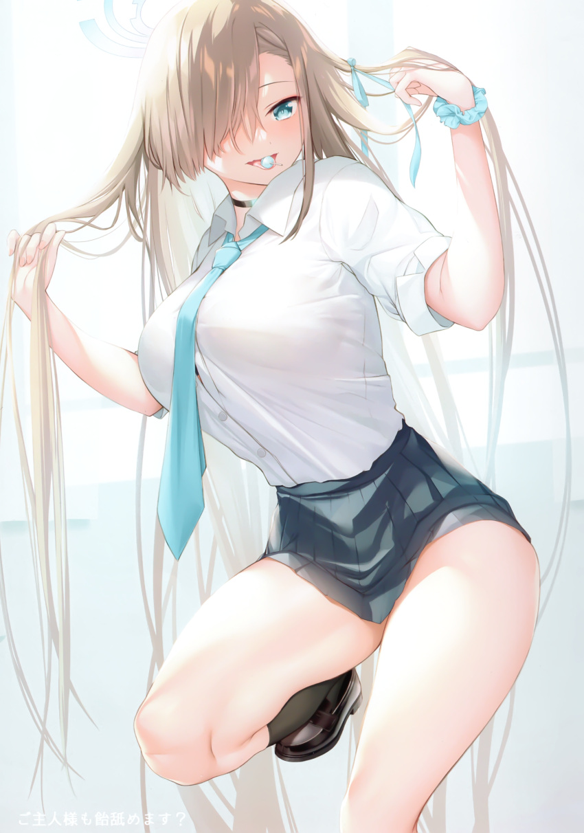 1girl absurdres asuna_(blue_archive) bangs blue_archive blue_eyes blush breasts candy collared_shirt food grey_skirt hair_over_one_eye halo hamada_miku highres large_breasts legs light_brown_hair lollipop long_hair looking_at_viewer mouth_hold necktie shirt shirt_tucked_in short_sleeves skirt solo tented_shirt thighs very_long_hair white_shirt