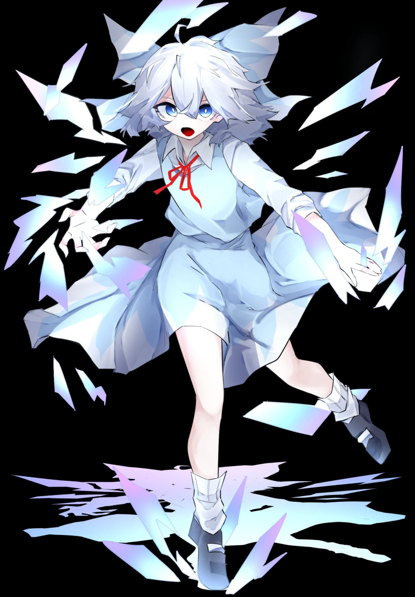 1girl black_background black_footwear blue_bow blue_eyes blue_skirt blue_vest bow bright_pupils cirno collared_shirt full_body hair_bow highres ice ice_wings long_sleeves looking_at_viewer open_mouth shirt short_hair simple_background skirt solo touhou vest vivo_(vivo_sun_0222) white_hair white_legwear white_pupils white_shirt wings