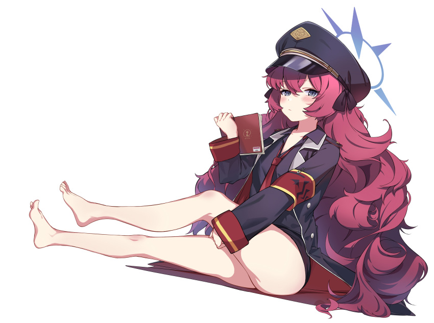 1girl armband ass barefoot blue_archive flat_chest halo hat highres iroha_(blue_archive) long_hair looking_at_viewer necktie pink_hair shionji_ax sitting slit_pupils solo very_long_hair violet_eyes
