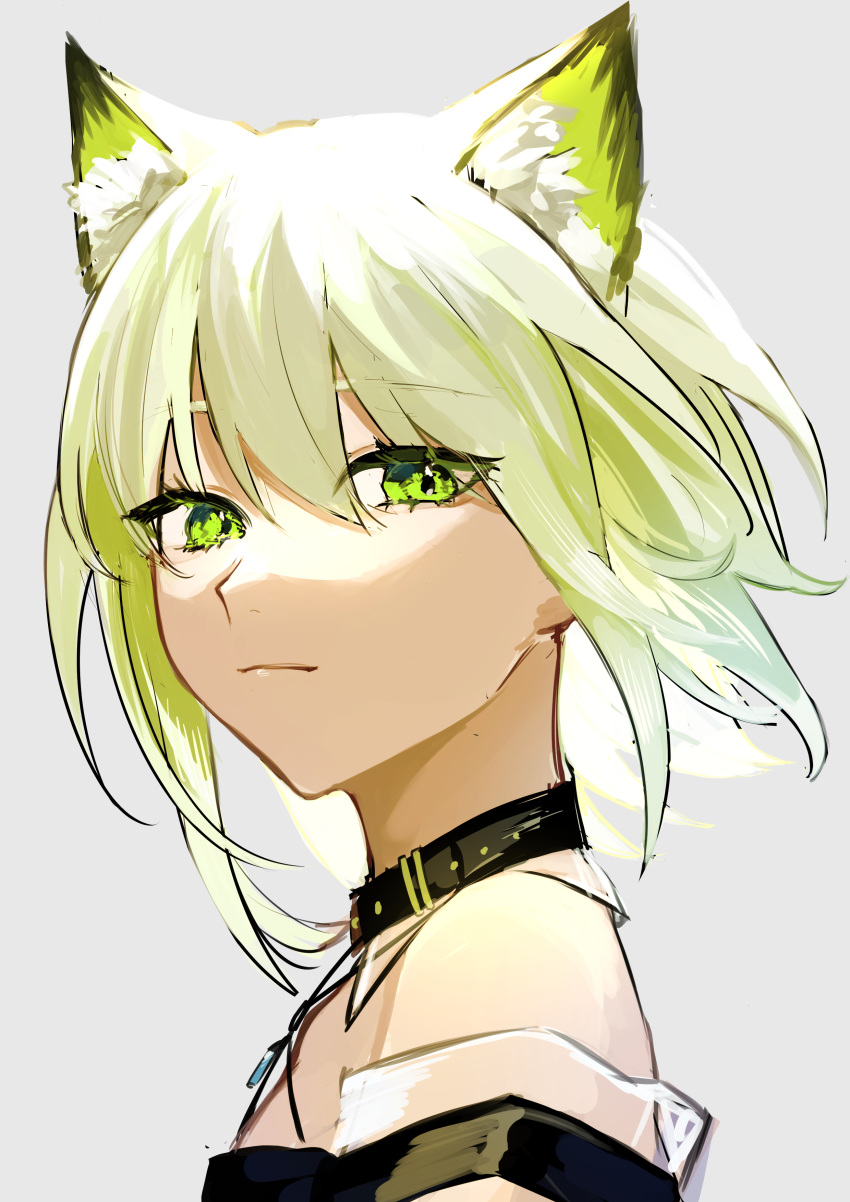 1girl absurdres aizuki_sui animal_ear_fluff animal_ears arknights bangs bare_shoulders cat_ears closed_mouth collar eyebrows_visible_through_hair from_side green_eyes green_hair grey_background highres kal'tsit_(arknights) looking_at_viewer looking_to_the_side portrait short_hair simple_background solo