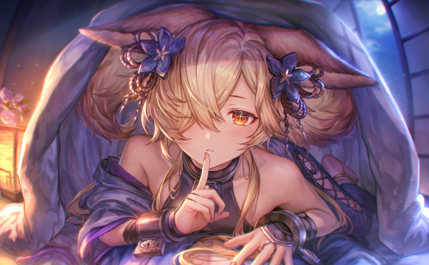 1boy animal_ears artist_name blanket blonde_hair bridal_gauntlets cuffs finger_to_mouth flower fox_ears fox_tail granblue_fantasy hair_flower hair_ornament hair_over_one_eye highres kou_(granblue_fantasy) looking_at_viewer lying lying_on_person moon shigaraki_(strobe_blue) short_hair shouji sliding_doors solo tail yellow_eyes