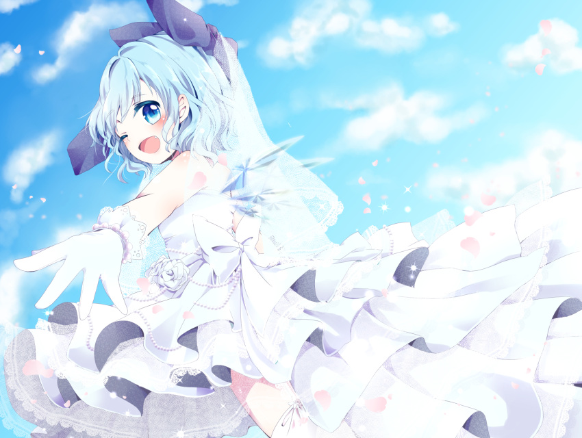 1girl alternate_costume back_bow bangs bare_shoulders blue_bow blue_eyes blush bow cirno clouds commentary_request day dress eyebrows_visible_through_hair fang flower from_behind gloves hair_bow highres ice ice_wings kuromame_(8gou) light_blue_hair looking_at_viewer looking_back one_eye_closed open_mouth outdoors outstretched_arm rose shiny shiny_hair short_hair sidelocks sky smile solo thigh-highs touhou wedding_dress white_bow white_dress white_flower white_gloves white_legwear white_rose wings