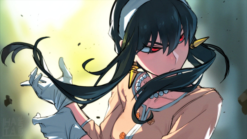 1girl bangs black_hair collarbone earrings frown gloves gold_earrings hair_between_eyes hairband hata4564 highres jacket jewelry necklace pearl_necklace red_eyes short_hair_with_long_locks sidelocks signature solo spy_x_family v-shaped_eyebrows white_gloves white_hairband yor_briar