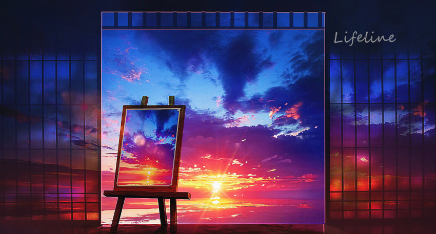 chinese_commentary clouds doorway dusk easel evening highres horizon landscape lifeline_(a384079959) no_humans ocean original painting_(object) scenery signature sky sun sunset