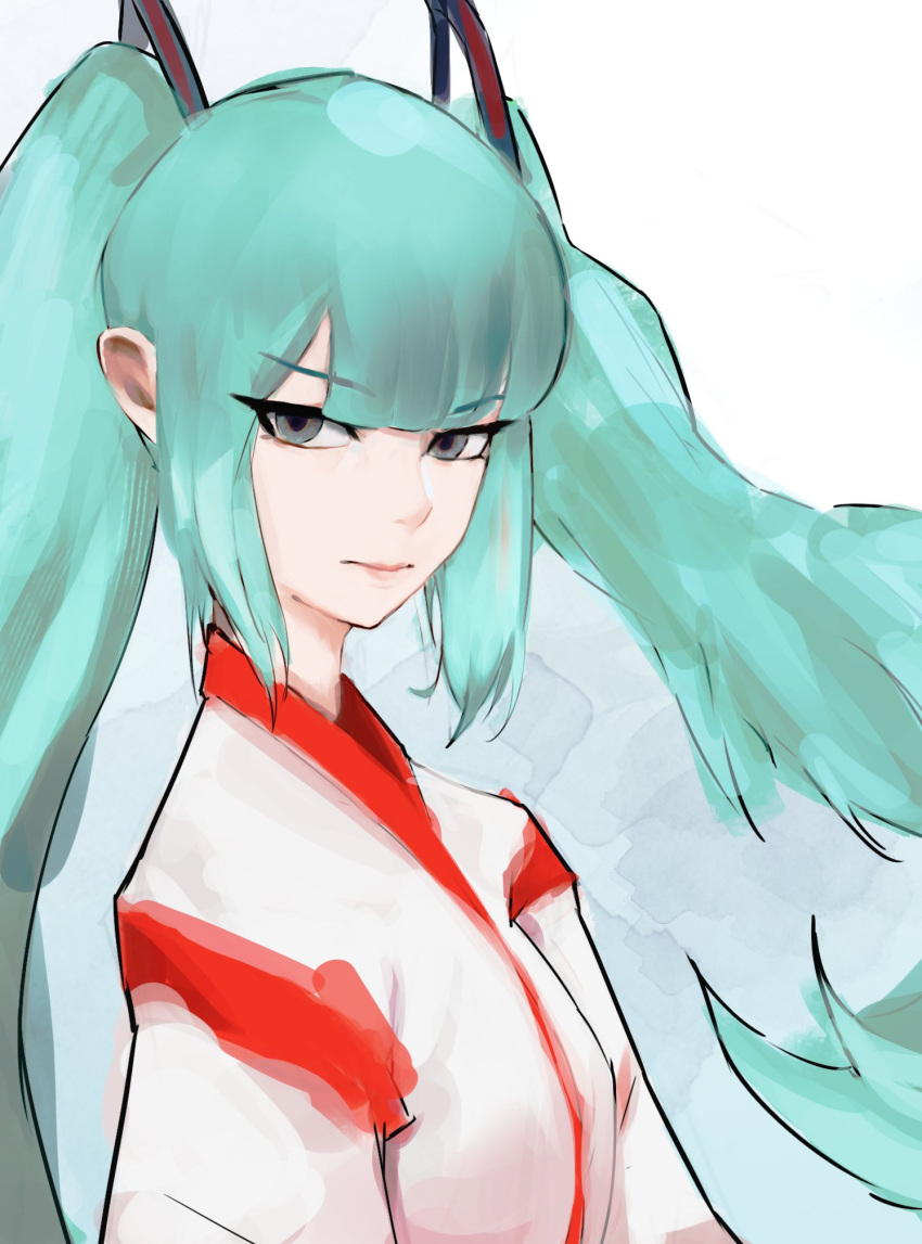 1girl bangs blue_hair blunt_bangs closed_mouth grey_eyes hatsune_miku highres japanese_clothes kimono long_hair looking_at_viewer solo twintails upper_body vergil_mon vocaloid