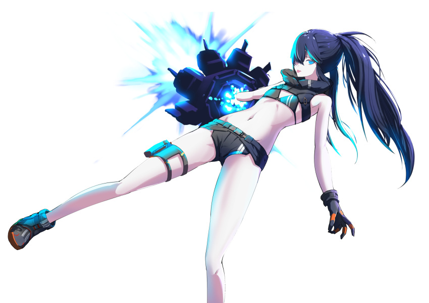 1girl bikini bikini_top_only black_gloves black_hair black_rock_shooter black_rock_shooter:_dawn_fall black_rock_shooter_(character) black_shorts blue_eyes blue_hair flat_chest floating_hair gloves grey_bikini groin hair_over_one_eye highres holster long_hair micro_shorts midriff multicolored_hair navel ponytail shorts solo stomach swimsuit thigh_holster tongue tongue_out two-tone_hair very_long_hair white_background yuteru_(xmjf8888)