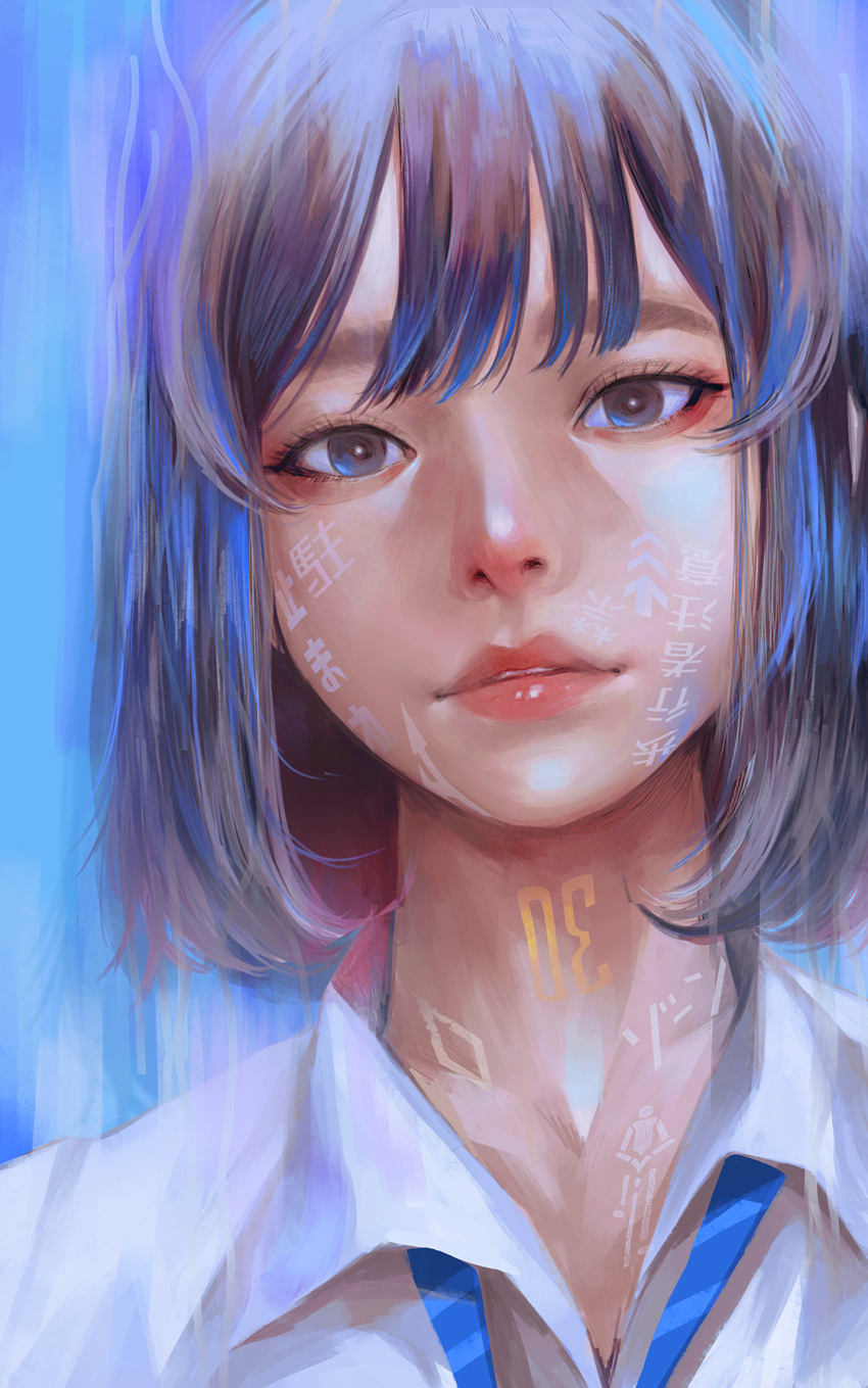 1girl blue_eyes blue_hair body_writing clothes_writing collarbone eyelashes eyeshadow face highres long_eyelashes looking_at_viewer makeup original painterly parted_lips pink_lips red_eyeshadow short_hair solo striped upper_body wataboku
