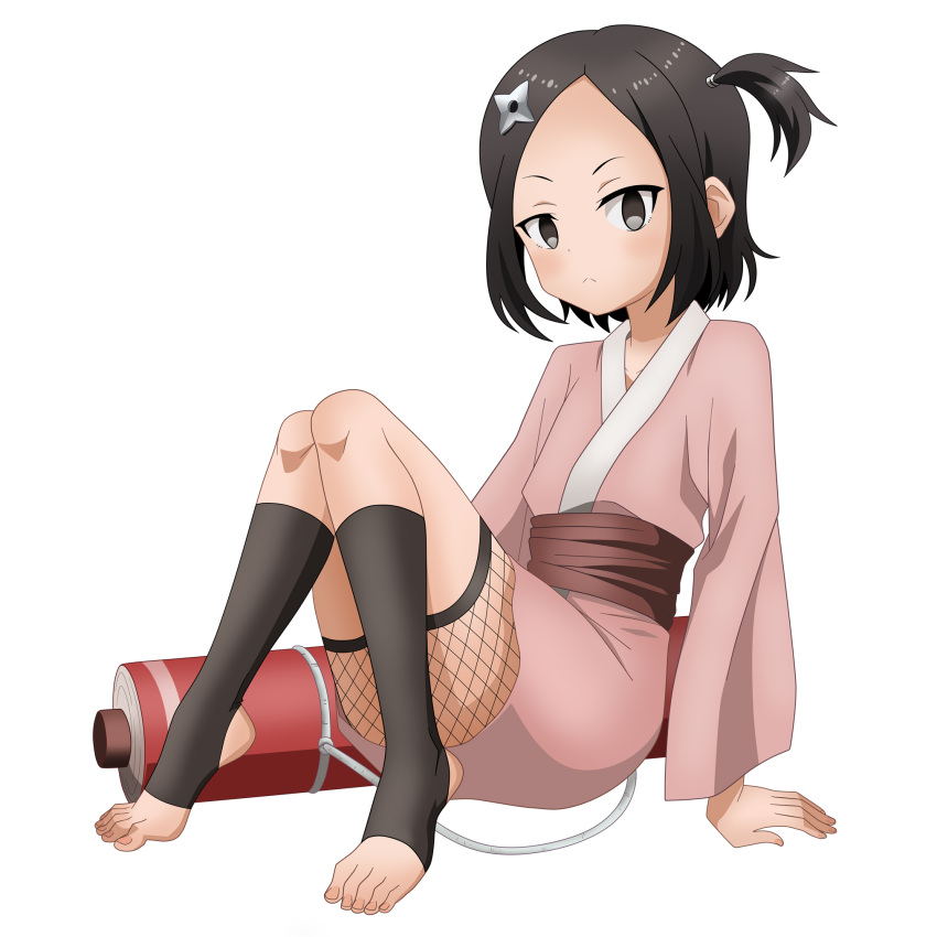 1girl bangs brown_hair commentary_request fishnet_legwear fishnets hair_ornament highres japanese_clothes kimono kunoichi_tsubaki_no_mune_no_uchi ninja pink_kimono red_sash riokasen sash scroll_tube short_hair short_kimono shuriken side_ponytail toeless_legwear toes touwata_(kunoichi_tsubaki_no_mune_no_uchi) weapon