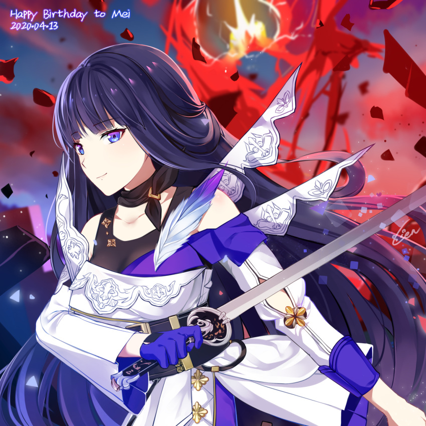 1girl bangs bare_shoulders black_choker cen_(cenll) character_name choker closed_mouth gloves happy_birthday highres holding holding_sword holding_weapon honkai_(series) honkai_impact_3rd katana long_hair long_sleeves looking_at_viewer night night_sky outdoors purple_gloves purple_hair raiden_mei single_glove sky smile solo sword violet_eyes weapon