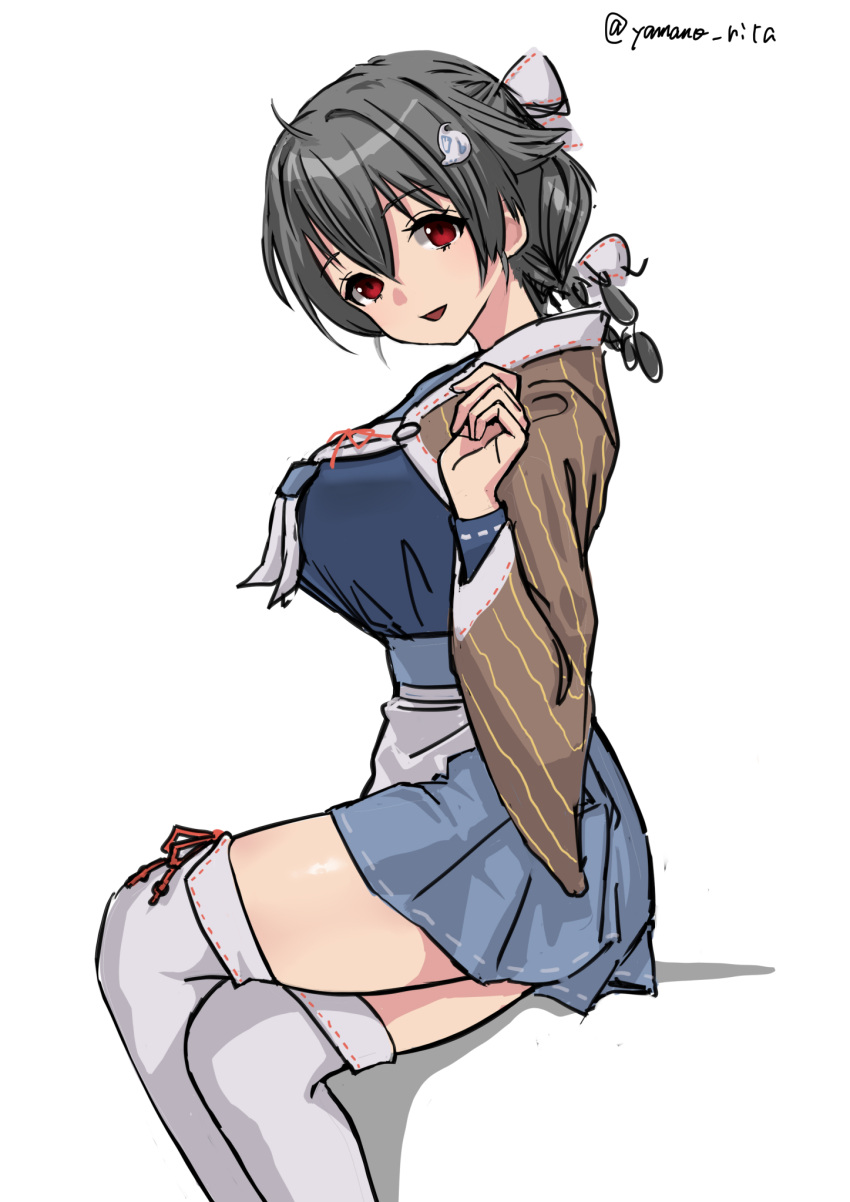 1girl :d apron black_hair blue_serafuku blue_skirt breasts crossed_legs feet_out_of_frame from_side hair_between_eyes hair_flaps hair_ornament hairclip head_tilt highres jingei_(kancolle) kantai_collection large_breasts long_hair looking_at_viewer looking_to_the_side low_ponytail neckerchief pleated_skirt sailor_collar school_uniform serafuku shawl skirt smile solo thigh-highs twitter_username white_apron white_legwear white_neckerchief yamano_rita zettai_ryouiki