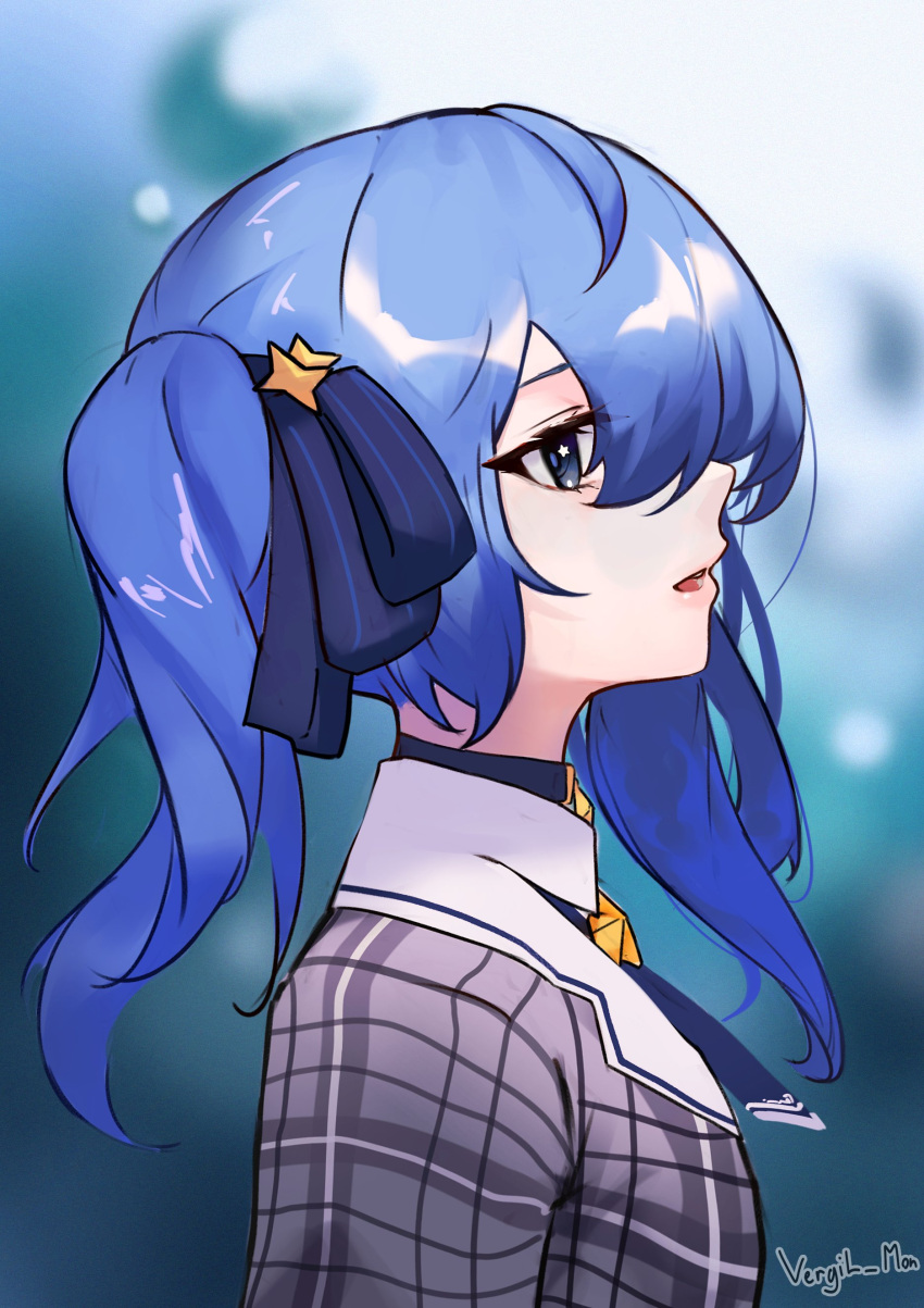 1girl absurdres blue_background blue_eyes blue_hair blue_necktie blue_ribbon checkered_clothes checkered_shirt from_side grey_shirt hair_between_eyes hair_ribbon highres hololive hoshimachi_suisei long_hair necktie one_side_up parted_lips profile ribbon shirt short_necktie solo star_(symbol) star_in_eye symbol_in_eye upper_body vergil_mon