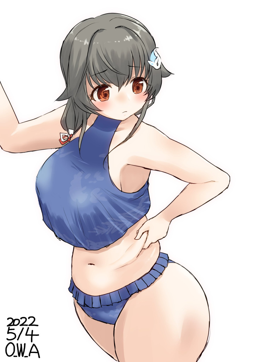 1girl artist_name belly_grab bikini black_hair blue_bikini breasts brown_eyes commentary_request cowboy_shot dated eyebrows_visible_through_hair hair_flaps hair_ornament hairclip highres jingei_(kancolle) kantai_collection large_breasts long_hair looking_down low_ponytail midriff navel official_alternate_costume owa_(ishtail) simple_background solo swimsuit weight_conscious white_background