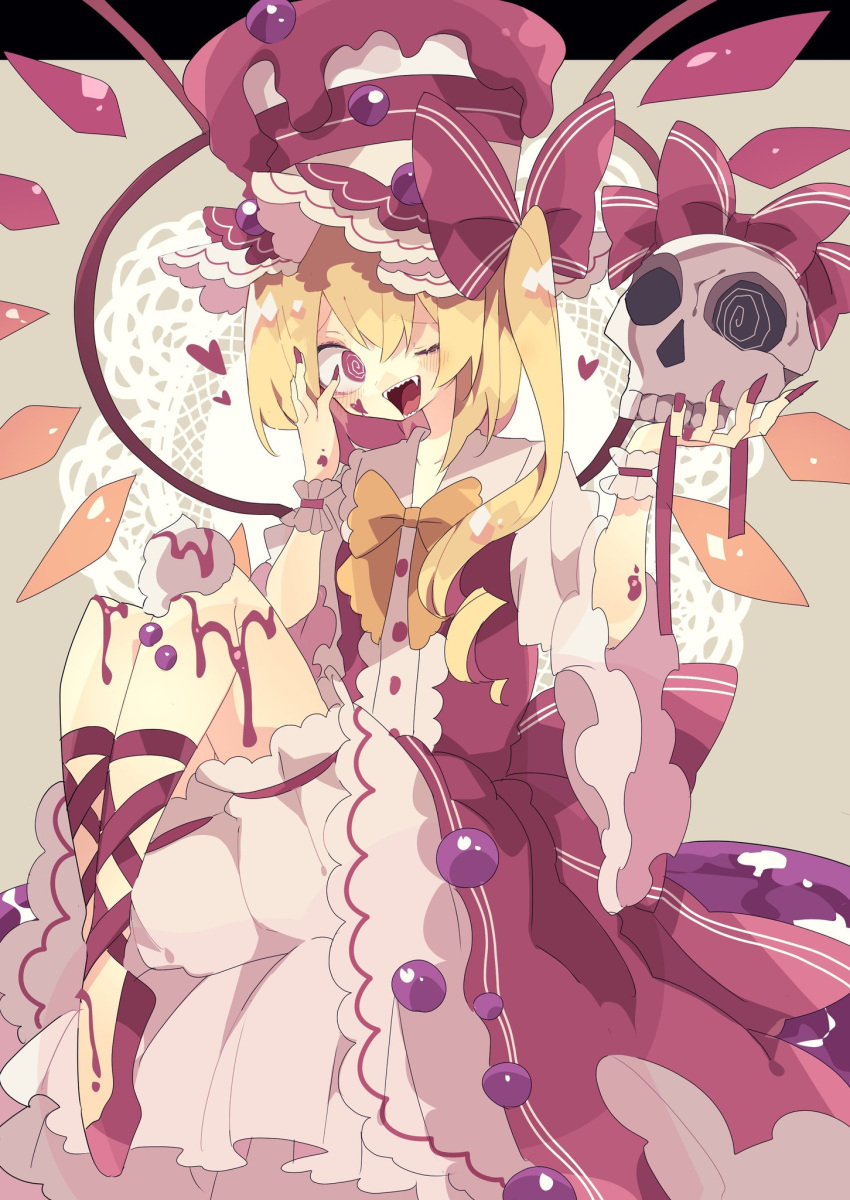 1girl :d @_@ alternate_costume ambiguous_red_liquid blonde_hair bloomers bow bowtie commentary crystal dress fangs flandre_scarlet food frilled_dress frills full_body hand_on_own_face hat hat_bow heart highres holding holding_skull ice_cream knees_up leg_strap legs_together medium_hair nikorashi-ka one_eye_closed one_side_up purple_dress purple_footwear red_bow shoes skull smile solo teeth top_hat touhou underwear violet_eyes waist_bow white_headwear wide_sleeves wings wrist_cuffs yellow_bow