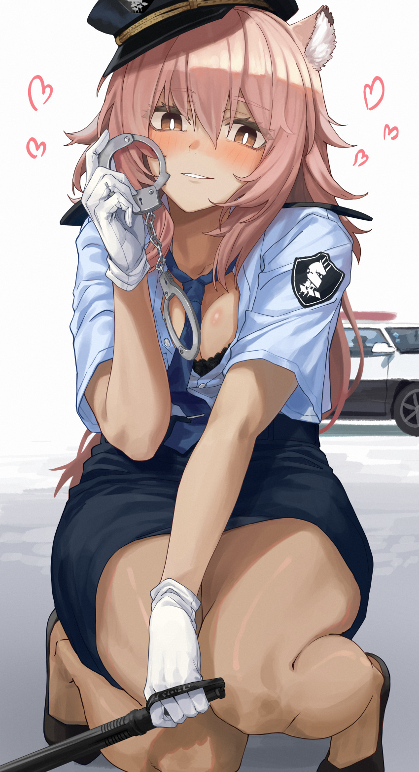 1girl absurdres animal_ears arknights baton_(weapon) blush car cuffs dierbeibanjia gloves gravel_(arknights) ground_vehicle hair_between_eyes handcuffs heart highres long_hair looking_at_viewer motor_vehicle open_clothes pink_hair police police_uniform simple_background smile solo uniform weapon