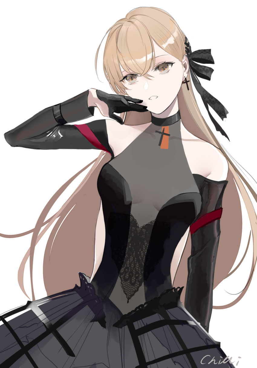 1girl absurdres bare_shoulders black_dress black_gloves breasts chilli_646 choker collarbone dress earrings girls_frontline gloves highres jewelry light_brown_eyes light_brown_hair long_hair medium_breasts mod3_(girls'_frontline) parted_lips ppk_(girls'_frontline) see-through solo very_long_hair