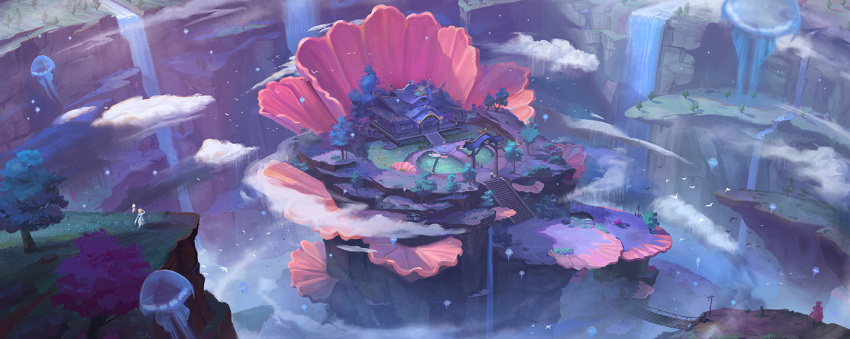 2girls bird bridge cliff clouds commentary coral floating from_above genshin_impact in-universe_location jellyfish lamppost lumine_(genshin_impact) multiple_girls outdoors paimon_(genshin_impact) scenery shrine torii tree very_wide_shot water waterfall yagaminoue
