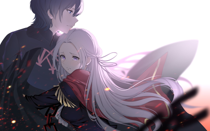 1boy 1girl absurdres armor ascot black_armor blue_eyes blue_hair breasts byleth_(fire_emblem) byleth_eisner_(male) cape closed_mouth commentary_request crying crying_with_eyes_open edelgard_von_hresvelg fire_emblem fire_emblem:_three_houses forehead garreg_mach_monastery_uniform hair_ribbon highres hug long_hair long_sleeves medium_breasts profile purple_ribbon red_cape ribbon roi_(liu_tian) short_hair smile teacher_and_student tearing_up tears uniform upper_body violet_eyes white_ascot white_hair
