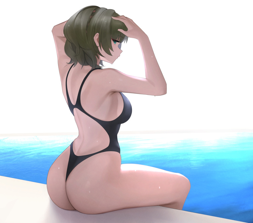 1girl aqua_eyes arms_up ass black_swimsuit breasts closed_mouth commentary_request competition_swimsuit from_behind grey_hair hand_in_own_hair highres idolmaster idolmaster_cinderella_girls large_breasts looking_at_viewer looking_back medium_hair one-piece_swimsuit profile senju_(snz0) sitting solo swimsuit takagaki_kaede thighs water wet