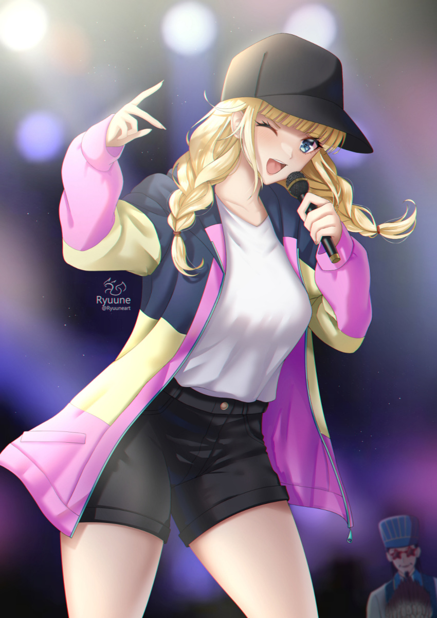 1boy 1girl bangs baseball_cap blonde_hair blue_eyes braid braided_ponytail collarbone eyebrows_visible_through_hair facial_hair goatee hat highres jacket microphone one_eye_closed open_mouth paripi_koumei ryuuneart shirt shorts sidelocks single_braid smile solo_focus star-shaped_eyewear sunglasses thighs tsukimi_eiko white_shirt zhuge_kongming_(paripi_koumei)