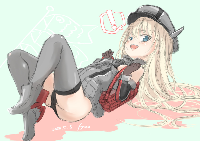 ! 1girl bismarck_(kancolle) black_panties blonde_hair blue_eyes brown_gloves dress elbow_gloves fyuo gloves grey_dress grey_legwear hat highres kantai_collection military military_uniform one-hour_drawing_challenge panties peaked_cap solo spoken_exclamation_mark thigh-highs underwear uniform younger