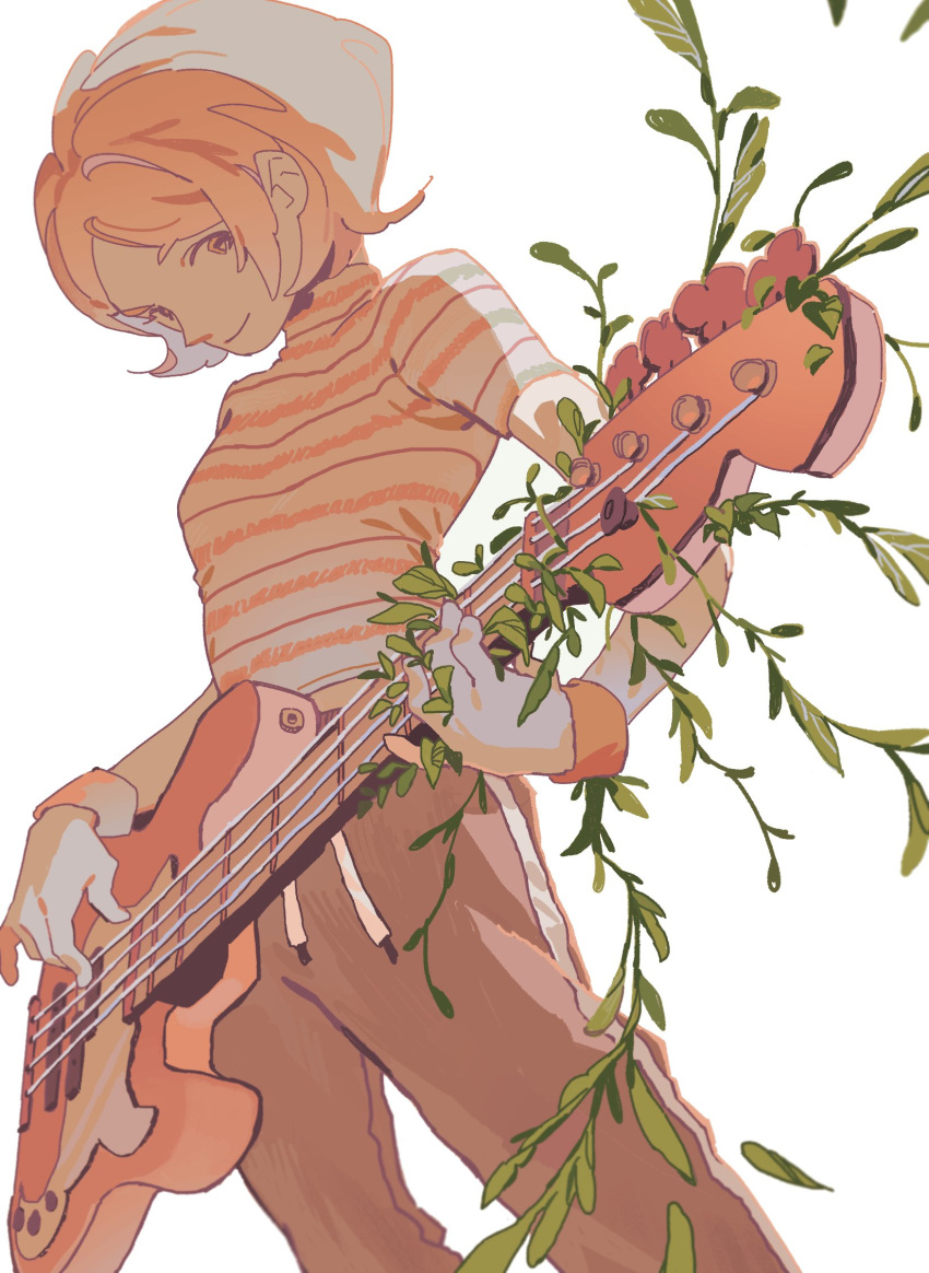 1girl closed_mouth grey_background guitar highres holding holding_instrument instrument monochrome music original plant playing_instrument ritoon_0 short_hair simple_background smile solo spot_color striped striped_sweater sweat sweater turtleneck turtleneck_sweater