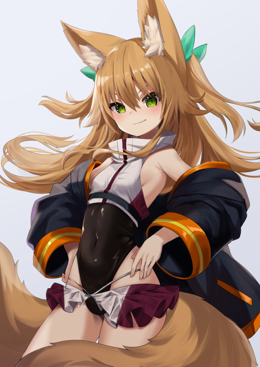 1girl animal_ear_fluff animal_ears armpits bare_shoulders black_jacket black_leotard bow breasts brown_hair covered_navel cowboy_shot fox_ears fox_tail green_eyes hair_bow hands_on_hips highleg highleg_leotard highres jacket kokonoe_tsubaki leotard long_hair looking_at_viewer microskirt multiple_tails off_shoulder open_clothes open_jacket original puffy_sleeves showgirl_skirt skirt sleeveless small_breasts smile solo tail thighs two_side_up two_tails v-shaped_eyebrows yoshizawa_tsubaki