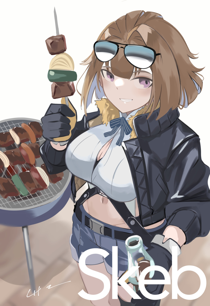 1girl absurdres bangs belt black_belt black_jacket blue_shorts blush bottle breasts brown_hair chcn commentary_request cowboy_shot eyewear_on_head food fur_trim girls_frontline gloves grizzly_mkv_(girls'_frontline) highres holding holding_bottle holding_food jacket large_breasts looking_at_viewer navel open_clothes open_jacket open_mouth shirt short_hair shorts signature smile solo standing sunglasses teeth violet_eyes white_shirt